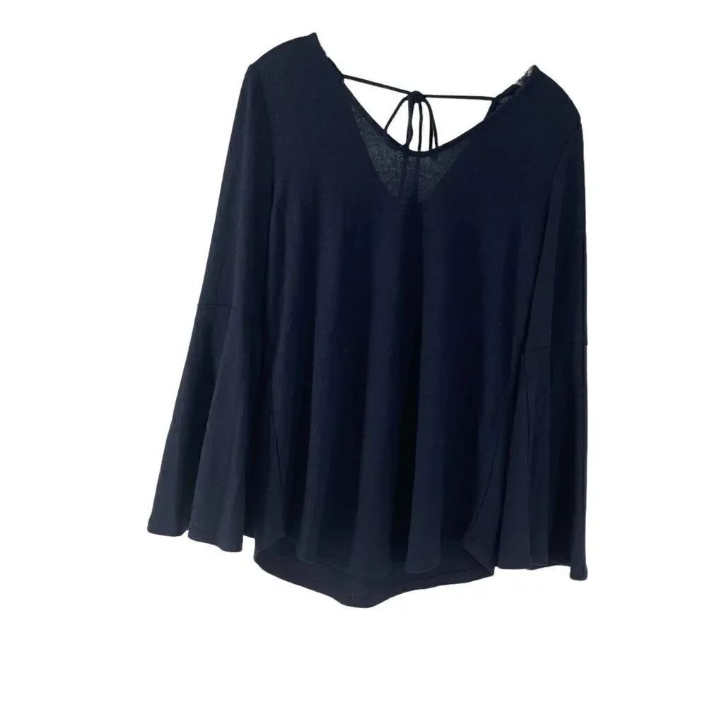 LOFT Bell Sleeve Knit Top Navy Blue V Neck Scooped Back Classic Womens Size S